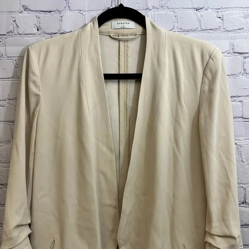 Babaton Power Blazer Ruched Sleeves Open Front Beige Size 8 Aritzia Workwear - Picture 3 of 8